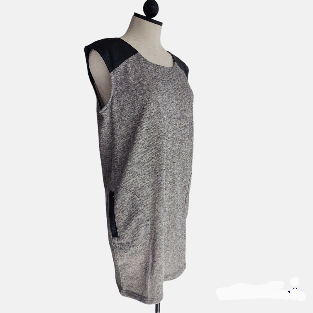 Very J Gray Dress Sleeveless Faux Leather Shoulders Side Pockets Bsck Zip Size L - Picture 5 of 10